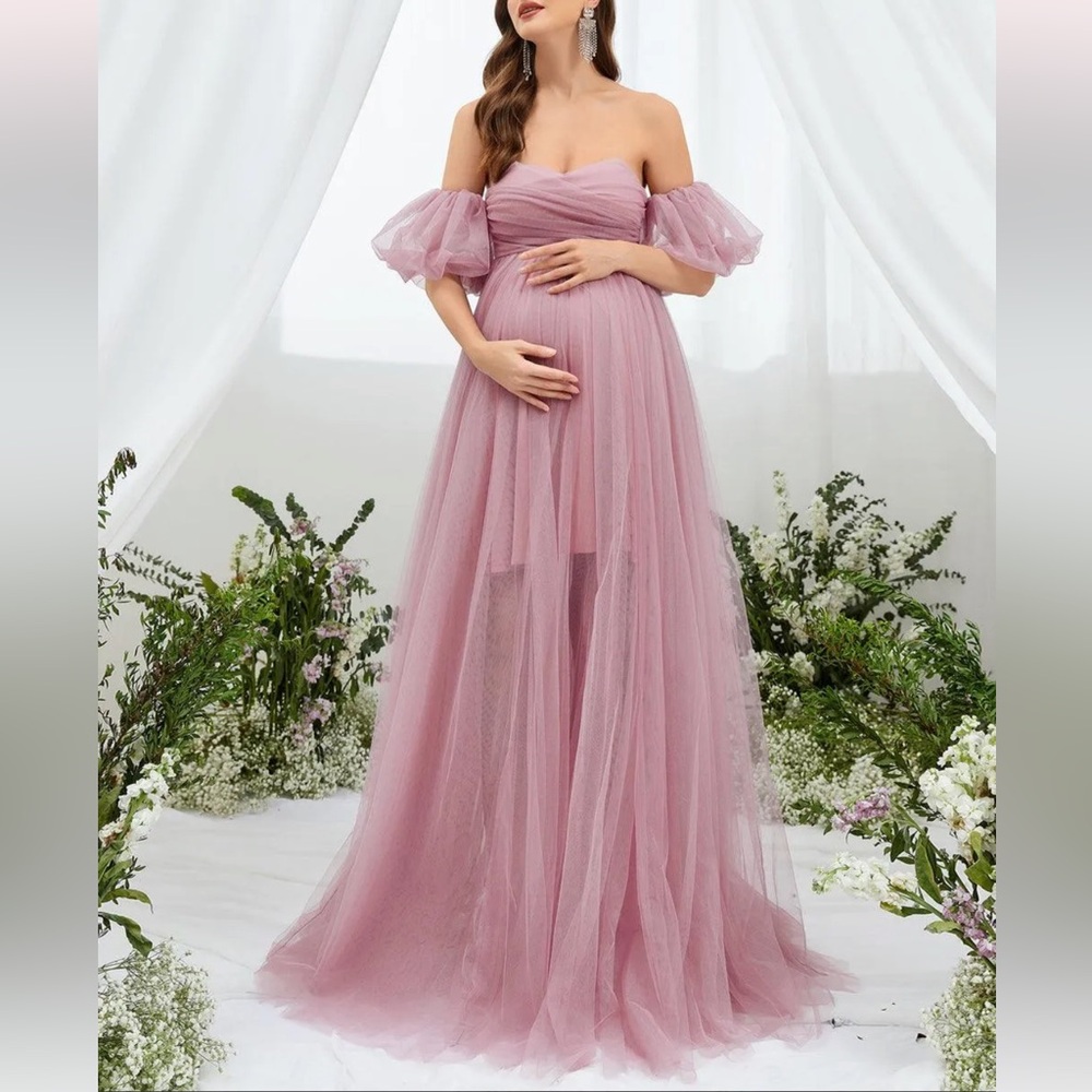 Elegant Pink Off-Shoulder Maternity Dress - Picture 3 of 7